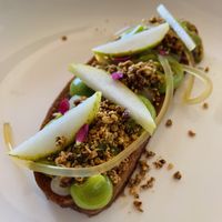 Dessert with pear, lemon and crumble   at La Caperucita y el Lobo in Valparaiso