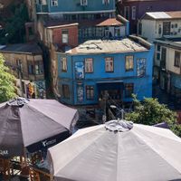 The restaurant is a two stories house with a small terrace, that is the view from the second floor  at La Caperucita y el Lobo in Valparaiso
