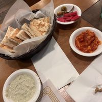 Pita and sauces  at Abu Salim Middle Eastern Grill in San Francisco