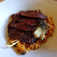 Kimchi rice with Marinated seitan at Gusto Creciente  in Lima