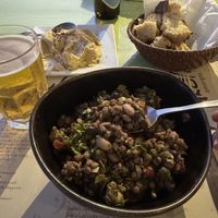 Bean salad with fava beans, chickpeas, lentils, wheat berries 😋  at Youkali in Amorgos