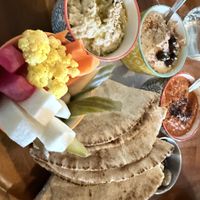Pita with 3 dips (baba ghanoush, hummus, muhammarah)  at Spread Kitchen Sonoma in Sonoma