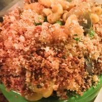 vegan macaroni and cheese (sauteed mushrooms, peas, miso, elbow macaroni and spices) at Hops & Pie in Denver
