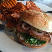 garden burger with grilled onions and green chilies with sweet potato fries at Blondies' Bistro in Grants Pass