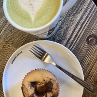 Half baked cake and matcha latte  at Espresso House in Vejle