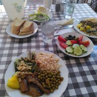 Lunch is always served with bread, olives, cucumber, tomato, onion and, If in season, radishes at Mathaios Restaurant  in Nicosia