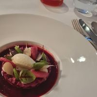 Vegan Beetroot Tartar with Radish and Radish Ice. at Storstad Restaurant in Regensburg