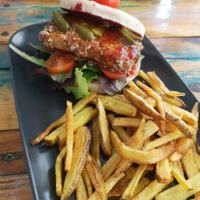 vegan tofu burger w/ hand cut fries at Goji - The Hidden One in Lagos