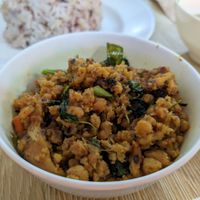 Fake ground meat w mushrooms (too soft to my taste) at Phaisach Tana - ร้านไภษัชย์ธน เจ  in Udon Thani