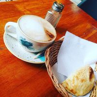Exquisita empanadas con un buen cafe at La Parada Saludable Café in Bogota