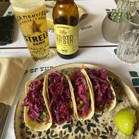 The vegan tacos and a vegan friendly beer from a microbrewery in Heraklion  at El Sur in Crete