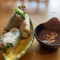 Vegan fresh rolls with plant based ham, veggies, vermicelli noodles and lettuce and a side of peanut dipping sauce.   at Thien Tam in Toronto
