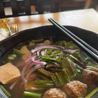 Vegan pho with veggie broth and plant based meatballs, assorted veggies and king oyster mushrooms  at Thien Tam in Toronto