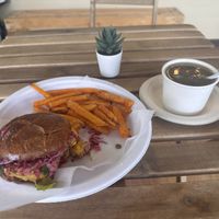 Walnut Hippie Burger, Sweet Potato Fries, & Trio Lentil Mung Soup !  at Mama Chea Cafe in Davie