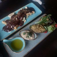 Hummus, Aubergine Dip and Belgian Waffles at Damals Hinterm Mond in Marburg