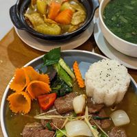 Vegan Stir-Fried Beef / Chicken with Chilli and Lemongrass, Chicken Cooked with Curry, Mustard Plant Soup at Hong Hoai's Restaurant in Hanoi