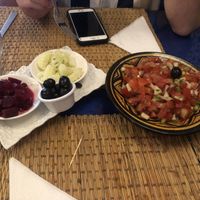 Traditional tomato salad with free tapas (beetroot, cucumber and olives)  at Restaurant Marocain Dar Safran - مطعم دار الزعفران in Rabat