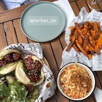 Sticky tofu bao, vegan ‘chicken’ bao and sweet potato fries and cole slaw  at Bar Bao in Mechelen