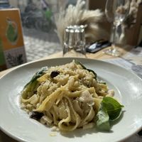 Vegan pasta of the day:  artichoke cream, black olives, fresh basil, vegan Parmesan   at Martha Pizze Amore in Paris