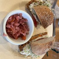 Smoky Taro with sauerkraut on the side.  Very good burger -most popular   at Sweet Cane Cafe in Hilo