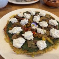 Cassava pizza with their maca cheese spread   at Sweet Cane Cafe in Hilo
