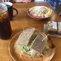 Avocado wrap vegan style, banana bread, and Pitaya Bowl at Sweet Cane Cafe in Hilo
