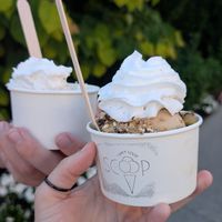 Their peanut butter crunch sundae and fruity sundae at Scoop Ice Cream in Elora