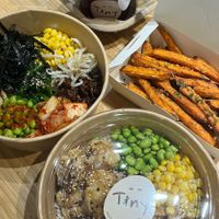 Kimchibap ( they even made their own kimchi ) , Tofu teriyaki karaage bowl , sweet potato fries and beetroot juice at Tiny Food Cafe in Kuala Lumpur