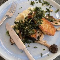 King oyster mushrooms & seasonal mushrooms with fried kale and smashed potatoes 🍄  at Kirsikka in Helsinki