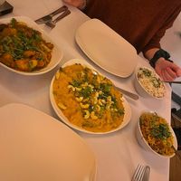 Vegetable bhuna, vegetable kathal, mushroom rice and garlic rice at Red Indigo in Hay-on-wye