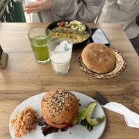 Vegan curry and burger with homemade lemonade and banana/almond juicee  at Ayaso in Marrakech