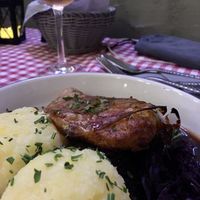 Vegan „goose“ with potato dumplings and red cabbage  at La Petite Véganerie - Brasserie in Berlin