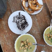 Pea soup and chocolate cake.  We were told the pretzels were vegan as well.    at Munich's Haus on the Zugspitze in Grainau