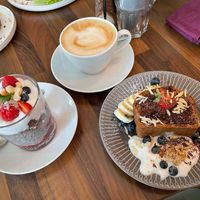 Banana bread, chia pudding and oat Cappuccino  at Café Max in Garmisch Partenkirchen