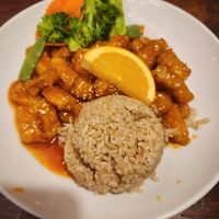 Thai orange tofu with veggies and brosn rice at Banana Leaf Thai Cuisine in Dallas