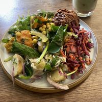 Vegan salad selection and onion bhaji  at Kollective Kitchen in Sheffield