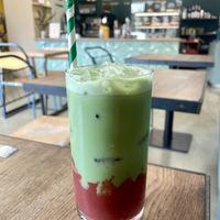 Vegan matchi and strawberry oat milk iced latte  at Kollective Kitchen in Sheffield