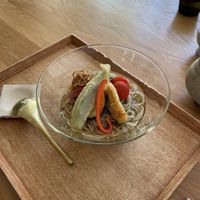 A different seasonal vegan dish. Soba in a broth, with vege tempura, grated radish & seaweed  at Soba Horiba in Kyoto