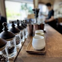 Coffee Beans and Cups  at Glitch Coffee & Roasters in Tokyo