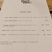 Dessert menu at The Green Rocket Cafe in Bath