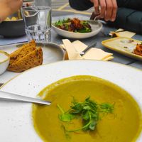 Soup, masala mushrooms, pumpkin pakora at The Green Rocket Cafe in Bath