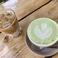 Matcha latte and iced latte at The Green Rocket Cafe in Bath