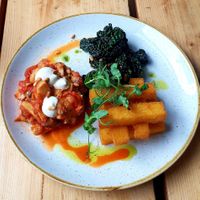 Caponata with Polenta chips and Kale. at The Green Rocket Cafe in Bath