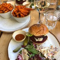 Bean burger with fries  at The Green Rocket Cafe in Bath