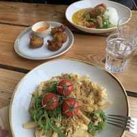 Mac and cheese, corn fritters and Kathy  at The Green Rocket Cafe in Bath