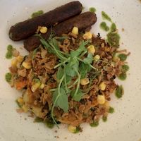 Bubble & Squeak with sausages.  at The Green Rocket Cafe in Bath