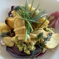 Scandinavian warm salad of roast potato, tofu, horseradish, onion and endive  at The Green Rocket Cafe in Bath