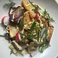 Warm potato salad, dill tofu and horseradish   at The Green Rocket Cafe in Bath
