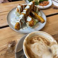 Corn Riblets along with broccoli & long beans in a really good romesco   at The Green Rocket Cafe in Bath