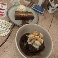 The best sticky toffee pudding i’ve ever had. And an iranian chocolate and pistachio tart.   at The Green Rocket Cafe in Bath